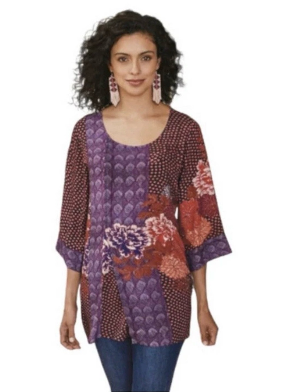 Soft Surroundings Dreaming Dahlia Floral Patchwork 3/4 Sleeve Tunic Top - Large
